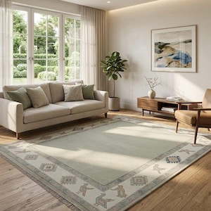 New Luxury Indian Hand Knotted Wool Oushak Rug, Hallway, Kitchen Runner Rug, Animal Sage Green Hand Knotted Premium Bedroom Carpet Rugs