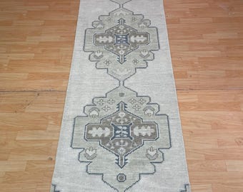 Handgjord ullmatta Oushak löpare – Beige geometrisk hall, lantlig inredning
