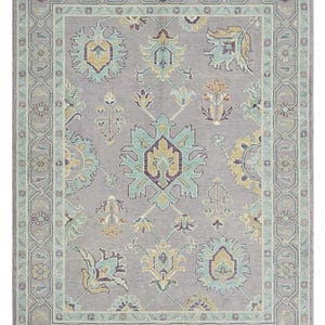 8x10/9x12 Oushak Rug, Persian Style Floral Area Rug, Hand Knotted Wool Rug, Sage Green & Gray Rug, Traditional Turkish Rug Living Room Decor