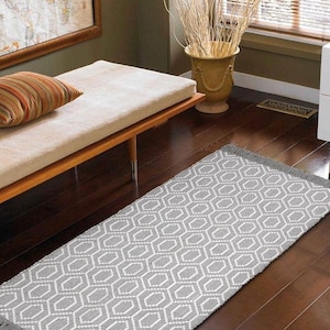 2.5x5 HandKnotted Wool Runner Rug Soft Blue Cream Geometric Hallway Rug Vintage Oushak Style Turkish Kitchen Entryway Long Area CustomCarpet