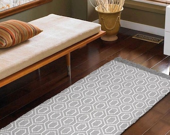 Hand-Knotted Oushak Runner Rug – Geometric Wool Hallway, Boho Farmhouse Decor