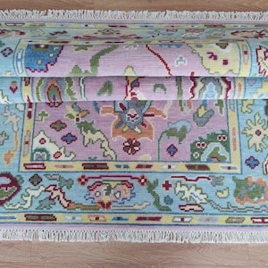 Colorful Oushak Hand Knotted Wool Rug | 8x10/9x12 ft Lavender Turkish Style Area Rug | Modern Boho Living Room Rug | Pastel Oriental Rug