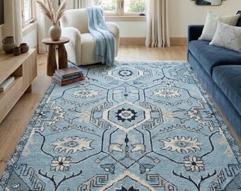 Hand Knotted Wool Oushak Rug, Light Blue Floral Living Room Area Rug