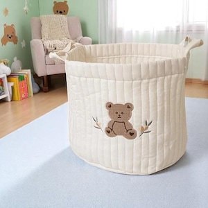 キルティングベビー収納バスケット - クマの刺繍入りソフトコットンおもちゃオーガナイザービン、保育園用おむつキャディ、ミニマリストな保育園の装飾