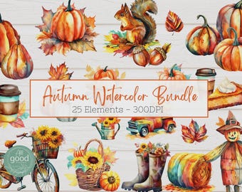 May include: A watercolor illustration bundle featuring 25 autumn-themed elements. The bundle includes pumpkins, leaves, a squirrel, a scarecrow, a hay bale, a watering can, a bicycle, a truck, boots, a pie, and a coffee cup. The text "Autumn Watercolor Bundle 25 Elements - 300DPI" is included in the image.