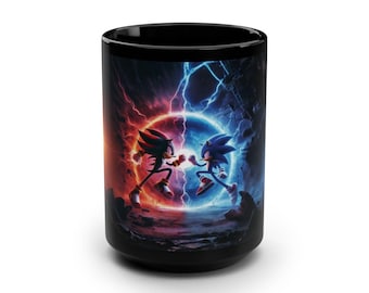Taza negra inspirada en Sonic: Batalla de oscuridad contra luz (15 oz) / Taza de café de anime gamer / Taza de fantasía de energía rápida