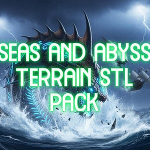 Puede incluir: Ilustración digital de un monstruo marino emergiendo de aguas turbulentas bajo un cielo tormentoso. La imagen presenta relámpagos y el texto "SEAS AND ABYSS TERRAIN STL PACK" en verde neón.