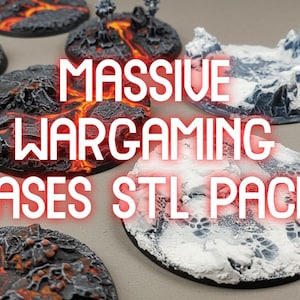 以下が含まれることがあります： ウォーゲーミングミニチュア用の、3Dプリントされた、丸くてテクスチャのあるベースが10個セットです。ベースは、黒、白、グレー、赤など、さまざまな色で塗装されています。ベースは、溶岩、氷、雪など、さまざまな地形を表すように設計されています。テキスト「MASSIVE WARGAMING BASES STL PACK」は赤い文字で表示されています。
