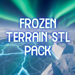 Puede incluir: Imagen digital de un paisaje helado con el texto "FROZEN TERRAIN STL PACK". La escena muestra a una persona caminando sobre la nieve, con la aurora boreal de fondo.