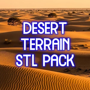 Puede incluir: Un paisaje desértico con dunas de arena onduladas bajo un cielo cálido y dorado. Árboles dispersos salpican el horizonte. El texto de la imagen dice "DESERT TERRAIN STL PACK."