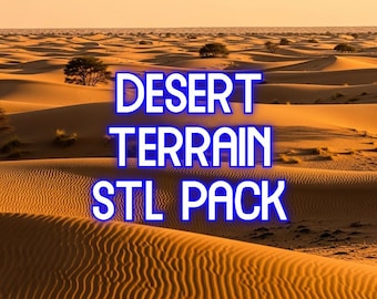 May include: A desert landscape with rolling sand dunes under a warm, golden sky. Scattered trees dot the horizon. Text in the image reads "DESERT TERRAIN STL PACK."