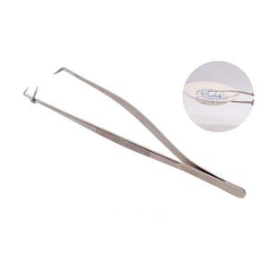 May include: A pair of stainless steel tweezers with a curved tip and a textured grip. The tweezers are designed for precision work and have a small, angled hook on one end.