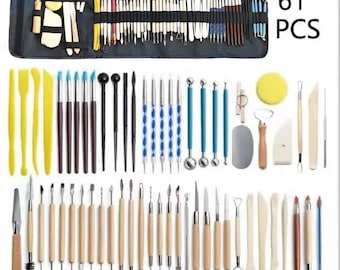 May include: A set of 61 pottery and sculpting tools, including brushes, blades, and modeling tools, arranged on a white surface. The tools are in various colors, including yellow, blue, and brown, and are stored in a black roll-up case.