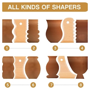 Puede incluir: Imagen de ocho modeladores de cerámica con diferentes diseños. Los modeladores están hechos de madera y arcilla marrón. El texto "ALL KINDS OF SHAPERS" está en la parte superior de la imagen. Los modeladores están numerados del 1 al 8.