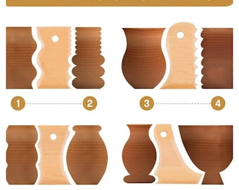Pottery Trimming Tools, 7Pcs, Wooden Textures, Multiple Sizes, Assorted Shapes, Clay Foot Shaper, Profile Rib Bundles, Sculpting Accessories