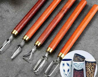 Pottery Carving Tool, Stainless Steel + Wooden Handle,Various Styles, DIY Ceramic Texture Craft Circular Trimming Accessories
