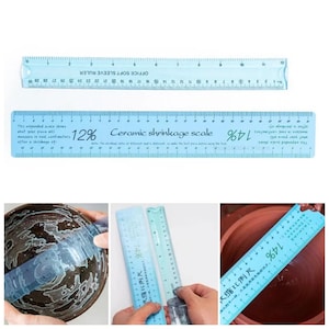 Puede incluir: Dos reglas azul claro. La regla superior tiene medidas en centímetros y el texto "OFFICE SOFT SLEEVE RULER". La regla inferior está etiquetada como "Ceramic shrinkage scale" con porcentajes y texto en chino.