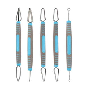 May include: A set of five double-ended sculpting tools featuring grey and light blue textured handles. Each tool has distinct metal tips, including wire loops, a flat blade, and a small circular wire loop, designed for clay modeling and detailing.