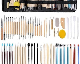 May include: A comprehensive pottery and sculpting tool set. The image displays a variety of tools, including wooden handled modeling tools, brushes, and shapers. The tools are arranged in a black carrying case and laid out on a white surface.