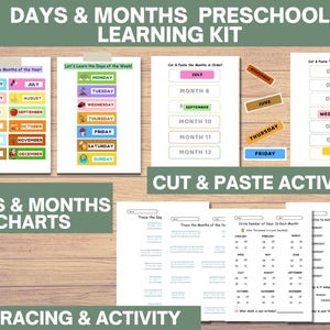 Dagen en maanden voorschoolse leerkit | Grafieken, knippen en plakken, afdrukbare afdrukbestanden voor vroeg leren overtrekken, digitale download