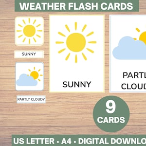 Flashcards de clima, cartões de clima, imprimíveis de clima Montessori, download digital