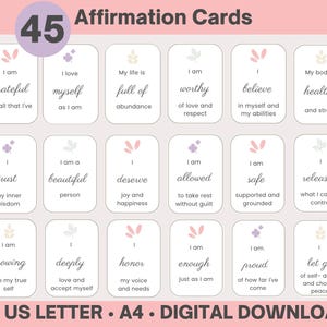 45 Cartões de Afirmação | Flashcards de Autocuidado para Mulheres | Afirmações Positivas | Quadro de Visão para Imprimir em A4 e Carta EUA