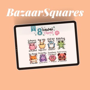 Peut inclure: Graphique numérique à télécharger avec huit personnages kawaii et des phrases comme "Cuteness Overload" et "Happiness!". Le titre "Bazaar Squares" est en haut. L'image est sur une tablette avec un fond pêche.