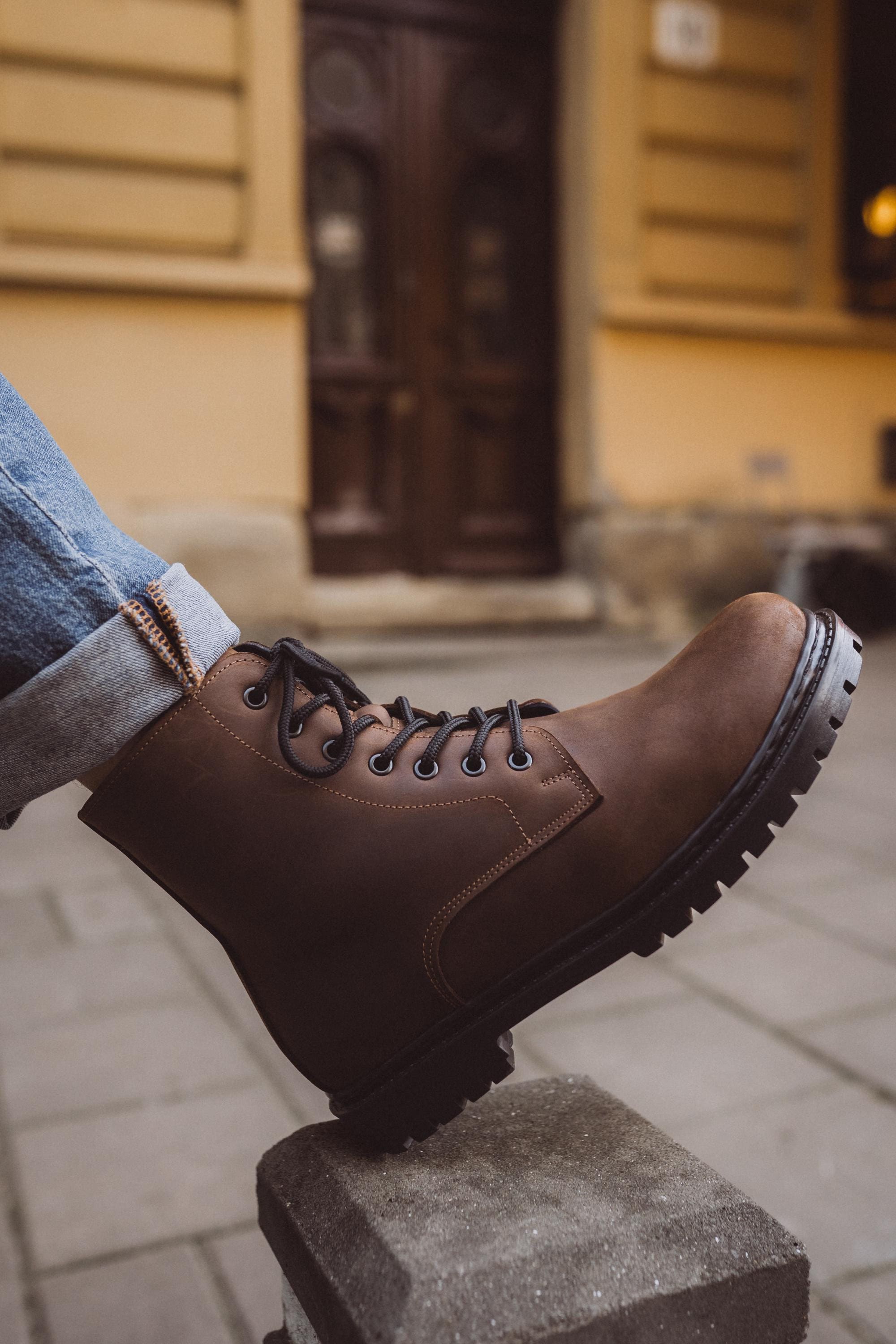 Mens Brown Leather Work Boots - Fur Lined Combat Style - Etsy Mens Brown Leather Work Boots - Fur Lined Combat Style - Etsy