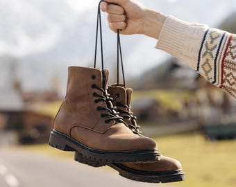 Genuine Leather Combat  Boots Men, Handmade Brown Ankle Boots, Work Hiking Shoes