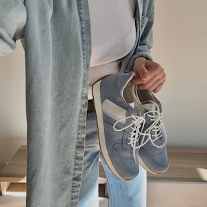 Retro Light Blue Suede Women Sneakers, Handmade Leather Casual Shoes, Comfortable Retro Footwear