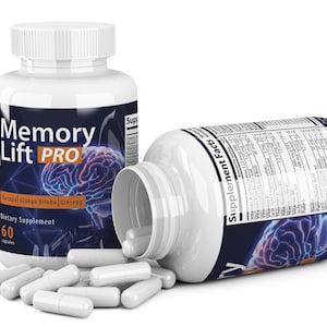 May include: Two white supplement bottles with white caps. One bottle is upright, the other is on its side with capsules spilling out. The label reads "Memory Lift PRO" with a brain graphic and the words "Bacopa, Ginkgo Biloba, Ginseng".