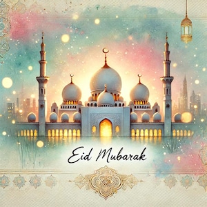 Può includere: Un'illustrazione ad acquerello di una moschea bianca con una cupola dorata e minareti. La moschea è circondata da un cielo blu e rosa con nuvole bianche. Il testo "Eid Mubarak" è scritto in calligrafia nera sotto la moschea.