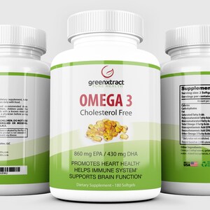 May include: A white bottle of Omega 3 fish oil supplements with a green label. The label says "greenxtract" and "Omega 3 Cholesterol Free". The bottle contains 180 softgels and is a dietary supplement.