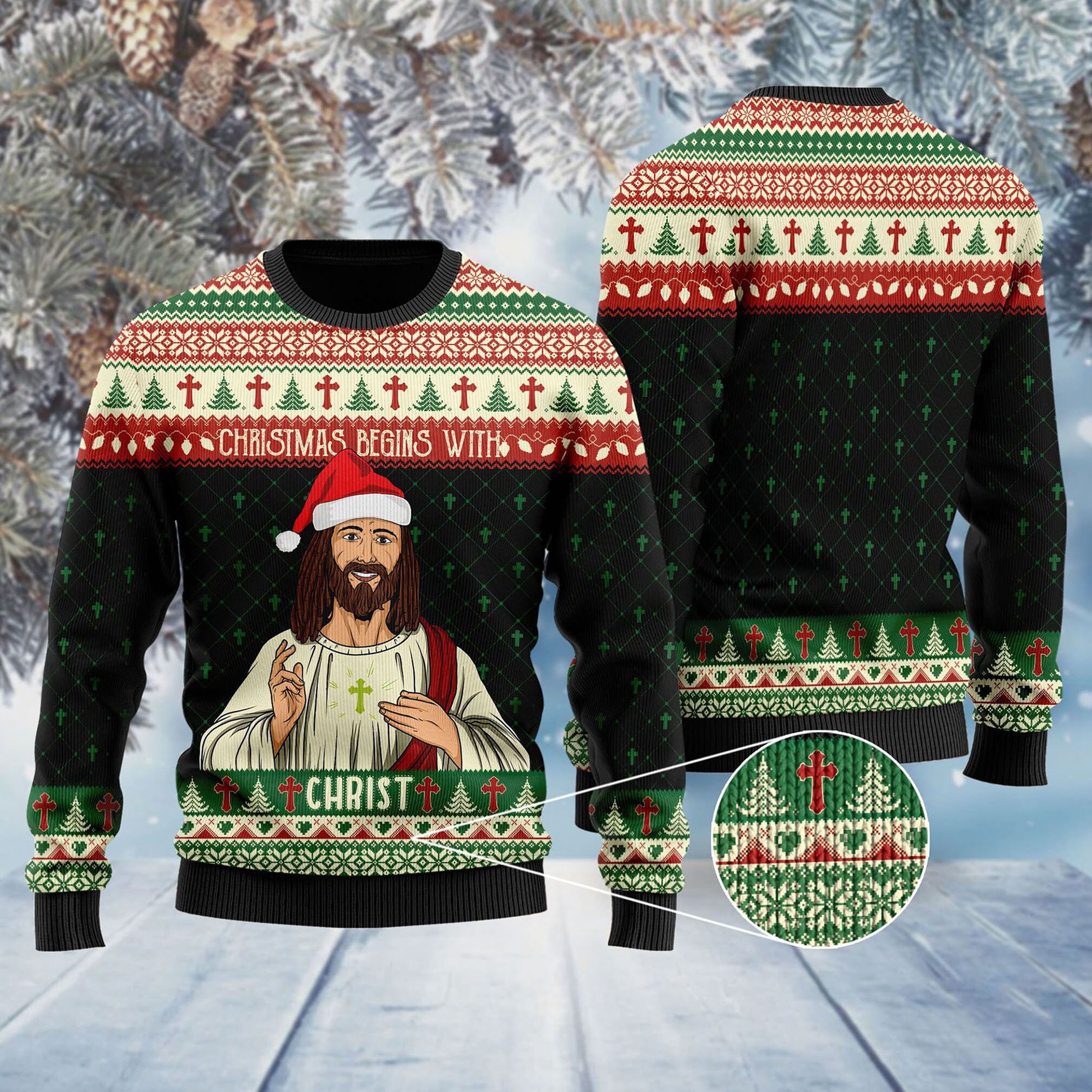 Discover 3D Christmas Begins With Christ Jesus Ugly Sweater