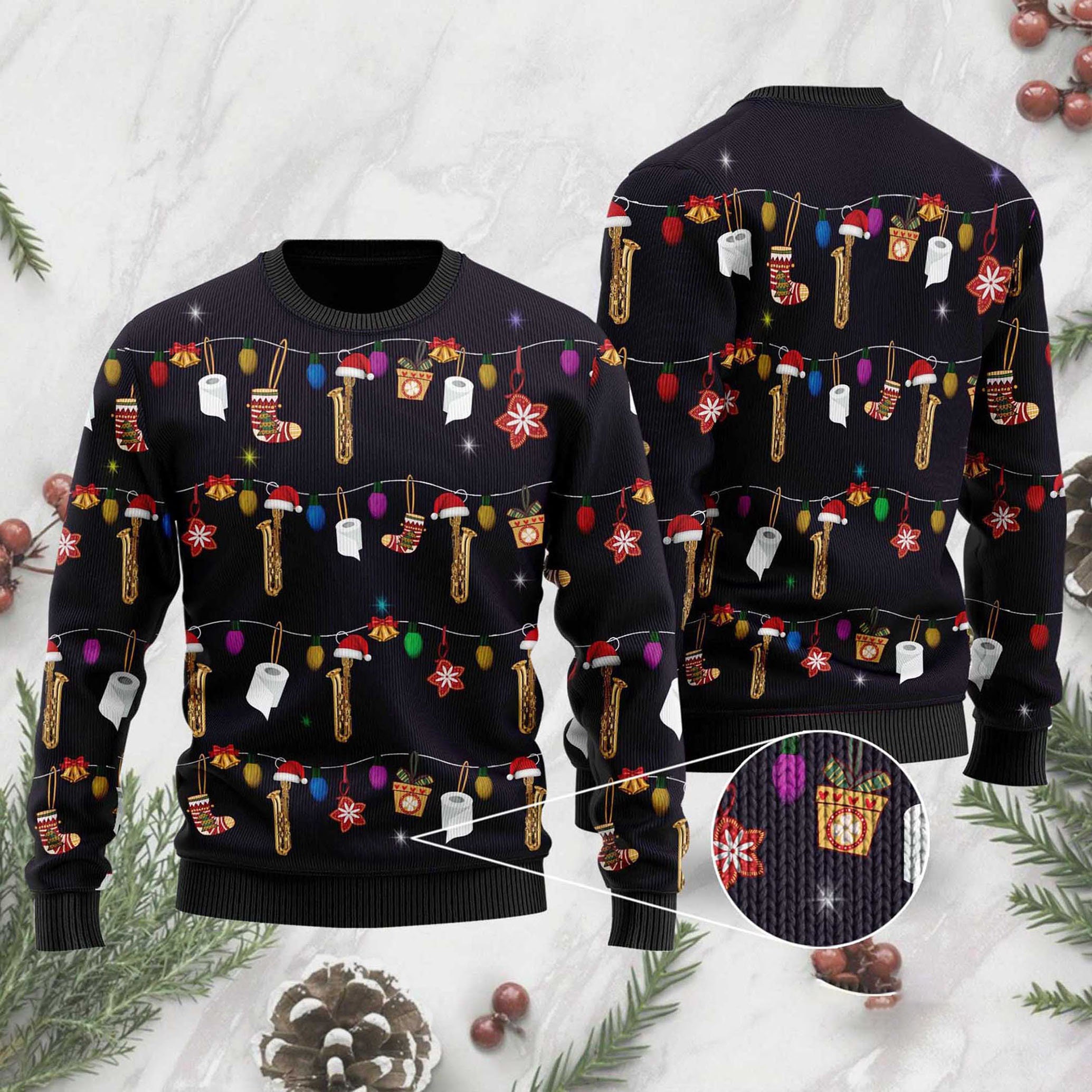 Discover 3D Christmas Saxophone Ugly Sweater For Saxophone Lovers