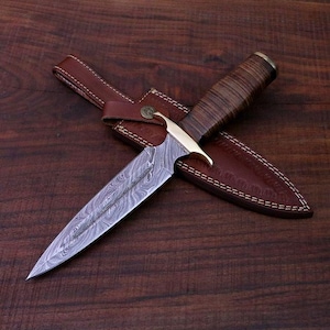 Handmade Perfect Grip with Rose Wood and Leather Handle Damascus Steel Dager Knife - Hunting or Camping Dager Gift for him