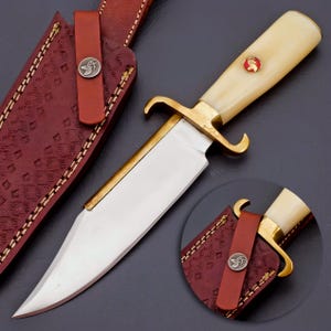 Handmade D2 Steel Bowie Hunting Knife: Camel Bone Handle, Leather Sheath