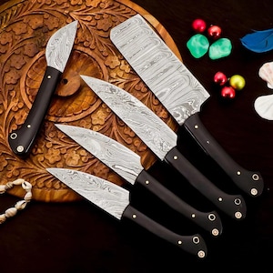 Handmade Damascus Steel Chef Set 5Pcs, Damascus Knife Set, Chef&#39;s Knife Set, Damascus Kitchen Knife Set, Mother Day Gift Christmas Gift