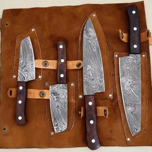 Handmade Damascus Steel Chef Knife Set: Rosewood Handle, Full Tang - 4 PCS