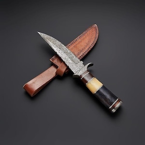 Handmade Damascus Steel Hunting Knife: Camel Bone & Rosewood Handle, Leather Sheath