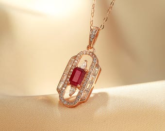 Art Deco Ruby Pendant Necklace, 18K Gold, 1920s Geometric Gemstone Jewelry