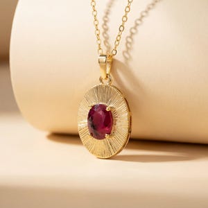 Natural Ruby Pendant Necklace, Oval Vintage Sunburst Jewelry Gift for Her