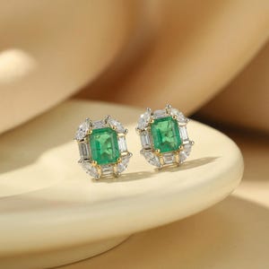 Colombian Emerald Art Deco Stud Earrings 925 Silver 18K Gold Gift