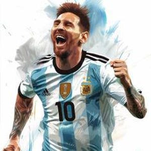 May include: A watercolor illustration of a soccer player wearing a blue and white striped jersey with the number 10 on the front. The player is running and celebrating with his arms raised.