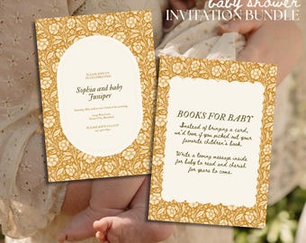 Mustard Yellow Floral and Gingham Baby Shower Invitation Bundle | Customizable | Cottage, Vintage, Bespoke, Elegant, Muted yellow, Dainty