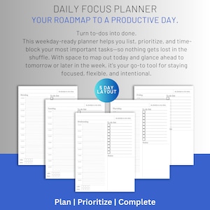 Op de afbeelding: Een zwart-witte printbare dagelijkse planner met een 5-daagse lay-out. De planner heeft secties voor maandag, dinsdag, woensdag, donderdag en vrijdag. Elke dag heeft een to-do-lijst en een notitiegedeelte. De planner is ontworpen om u te helpen bij het plannen, prioriteren en voltooien van uw taken.