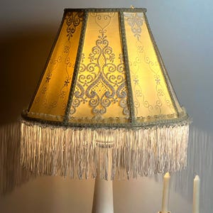 Pantalla de lámpara victoriana de color crema con estampado y flecos largos para interiores antiguos o clásicos.