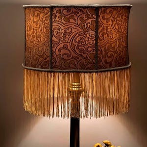 Beige fabric lampshade with fringe and vintage pattern for an original floor lamp. Handmade.