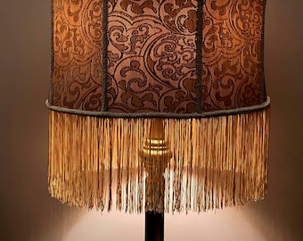 Beige fabric lampshade with fringe and vintage pattern for an original floor lamp. Handmade.