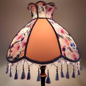 Lampshade, floral lampshade, pink lampshade, silk with rose print and fringe, for cozy home decor, for zone lighting.